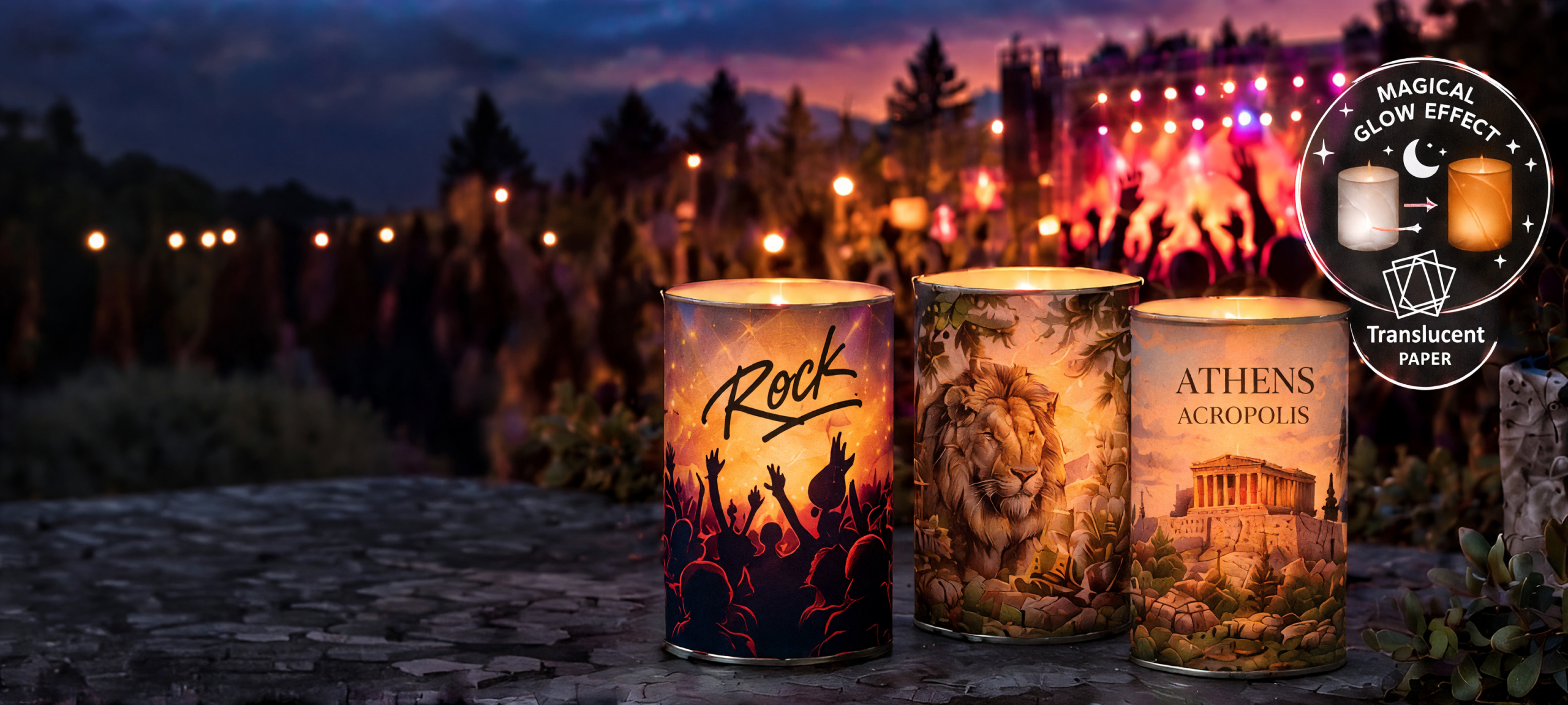 Zen Light candles glowing at an outdoor concert